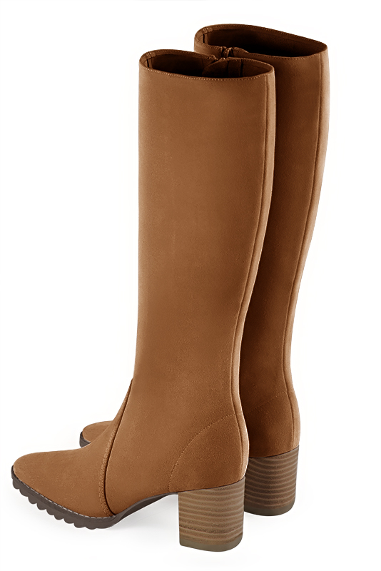 Camel beige women's riding knee-high boots. Round toe. Medium block heels. Made to measure. Rear view - Florence KOOIJMAN